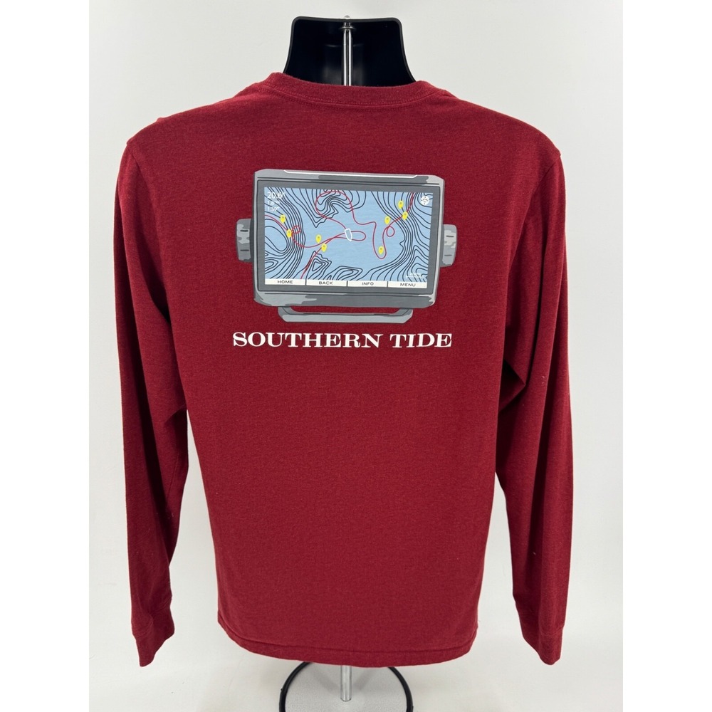 Southern Tide T-Shirt Mens Medium M Red Fish‎ Finder GPS Long Sleeve Tee Cotton